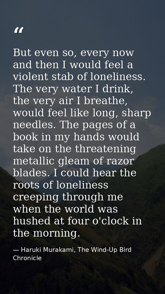 But even so, every now and then I would feel a violent stab of loneliness. The very water I drink, the very air I breath — Haruki Murakami, The Wind-Up Bird Chronicle