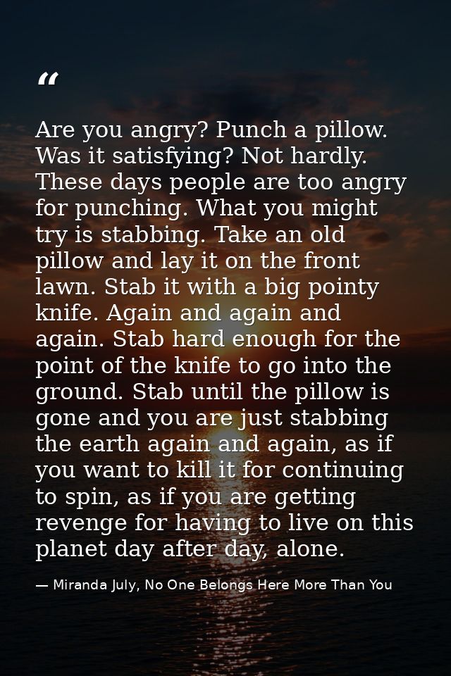 Are you angry? Punch a pillow. Was it satisfying? Not hardly. These days people are too angry for punching. What you mig — Miranda July, No One Belongs Here More Than You