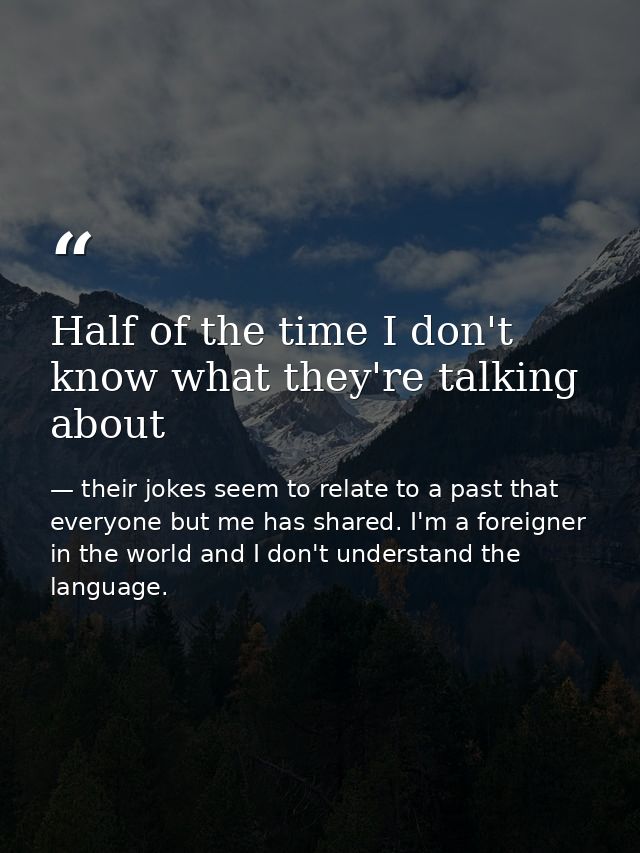 Half of the time I don't know what they're talking about — their jokes seem to relate to a past that everyone but me has shared. I'm a foreigner in the world and I don't understand the language.