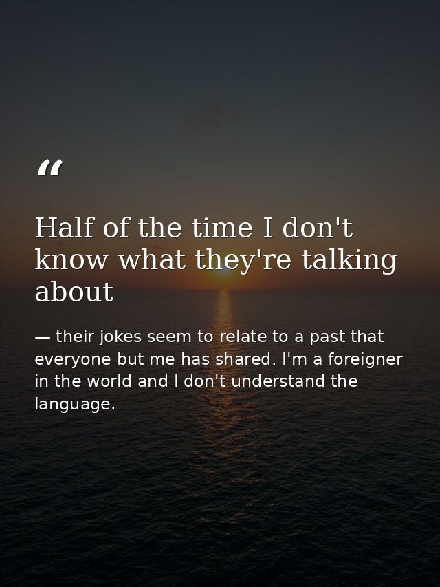 Half of the time I don't know what they're talking about — their jokes seem to relate to a past that everyone but me has shared. I'm a foreigner in the world and I don't understand the language.