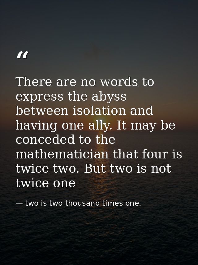 There are no words to express the abyss between isolation and having one ally. It may be conceded to the mathematician t — two is two thousand times one.