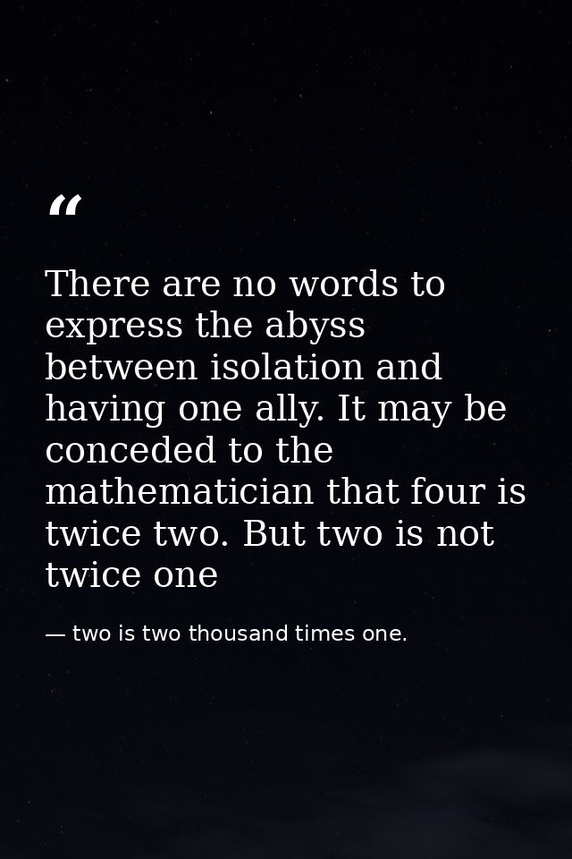 There are no words to express the abyss between isolation and having one ally. It may be conceded to the mathematician t — two is two thousand times one.