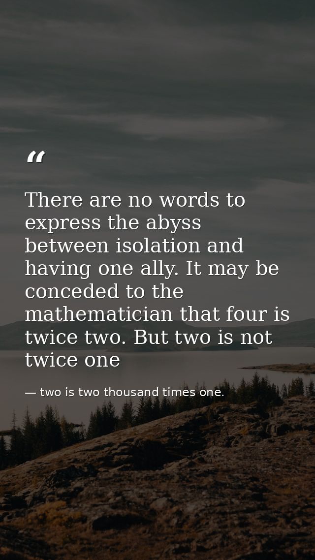 There are no words to express the abyss between isolation and having one ally. It may be conceded to the mathematician t — two is two thousand times one.