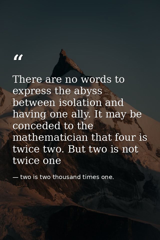 There are no words to express the abyss between isolation and having one ally. It may be conceded to the mathematician t — two is two thousand times one.