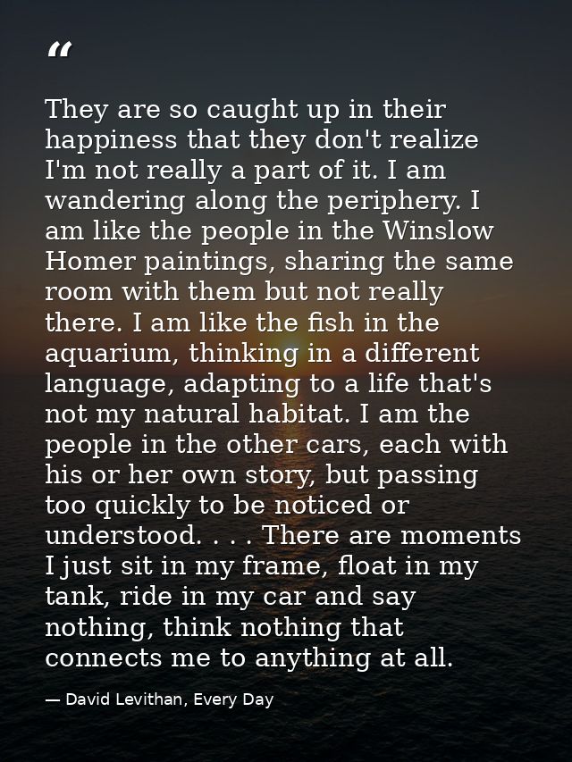 They are so caught up in their happiness that they don't realize I'm not really a part of it. I am wandering along the p — David Levithan, Every Day
