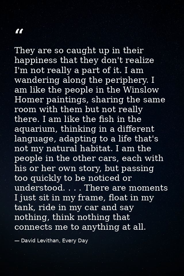 They are so caught up in their happiness that they don't realize I'm not really a part of it. I am wandering along the p — David Levithan, Every Day