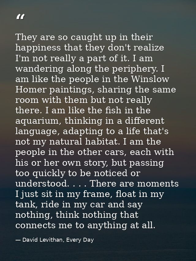 They are so caught up in their happiness that they don't realize I'm not really a part of it. I am wandering along the p — David Levithan, Every Day