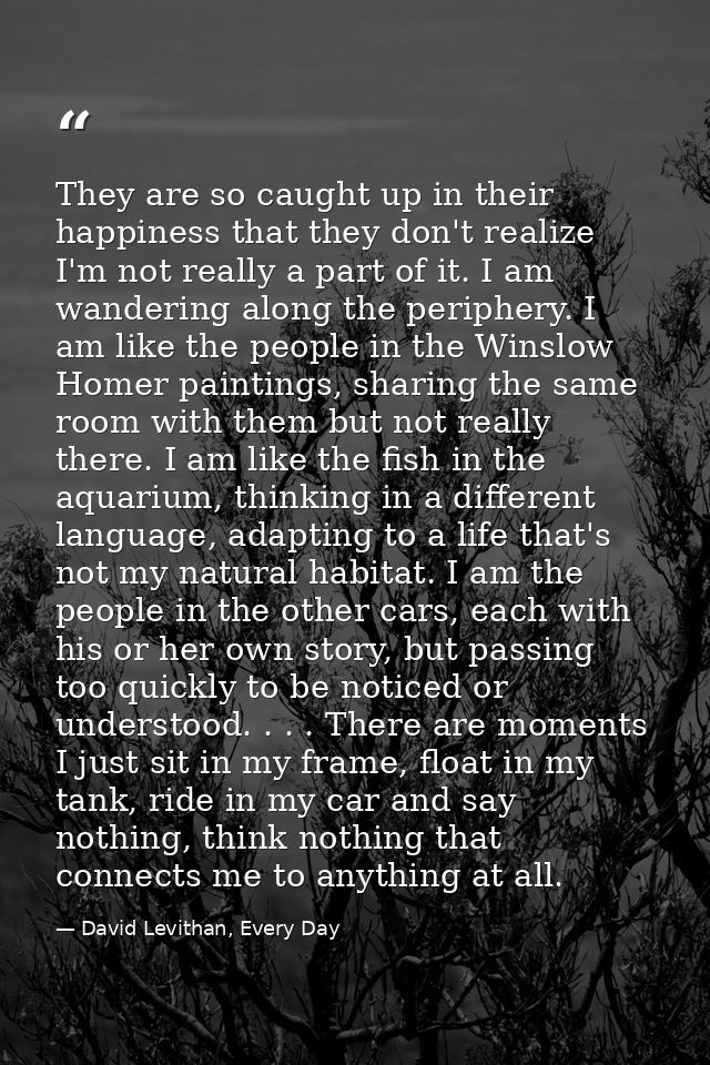 They are so caught up in their happiness that they don't realize I'm not really a part of it. I am wandering along the p — David Levithan, Every Day