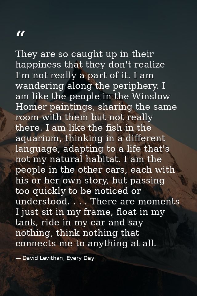 They are so caught up in their happiness that they don't realize I'm not really a part of it. I am wandering along the p — David Levithan, Every Day