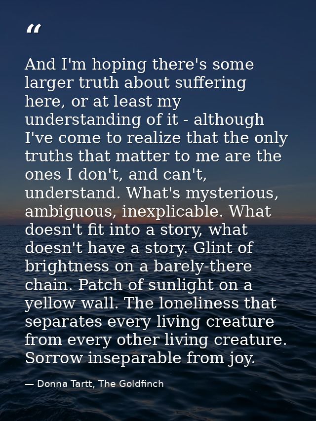 And I'm hoping there's some larger truth about suffering here, or at least my understanding of it - although I've come t — Donna Tartt, The Goldfinch