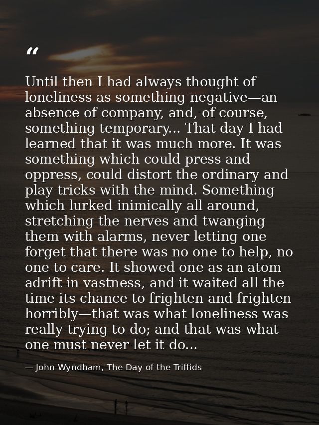 Until then I had always thought of loneliness as something negative—an absence of company, and, of course, something tem — John Wyndham, The Day of the Triffids