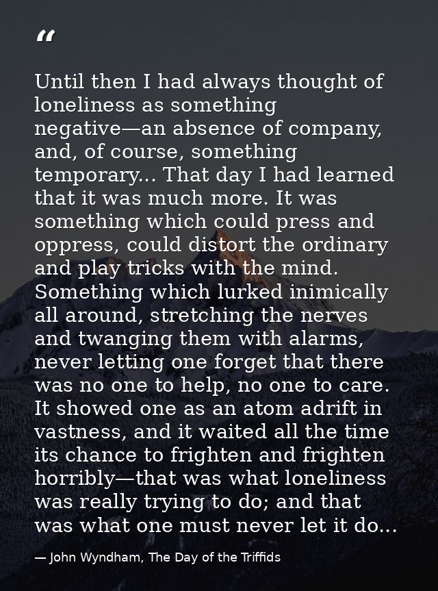 Until then I had always thought of loneliness as something negative—an absence of company, and, of course, something tem — John Wyndham, The Day of the Triffids
