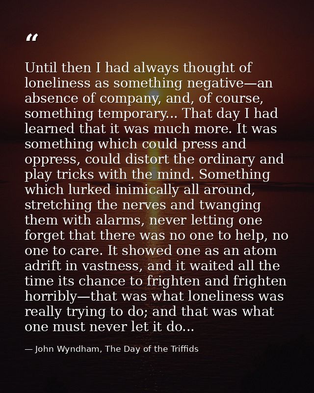 Until then I had always thought of loneliness as something negative—an absence of company, and, of course, something tem — John Wyndham, The Day of the Triffids
