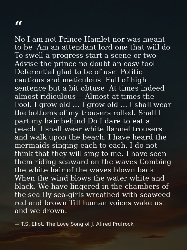 No I am not Prince Hamlet nor was meant to be  Am an attendant lord one that will do To swell a progress start a scene o — T.S. Eliot, The Love Song of J. Alfred Prufrock