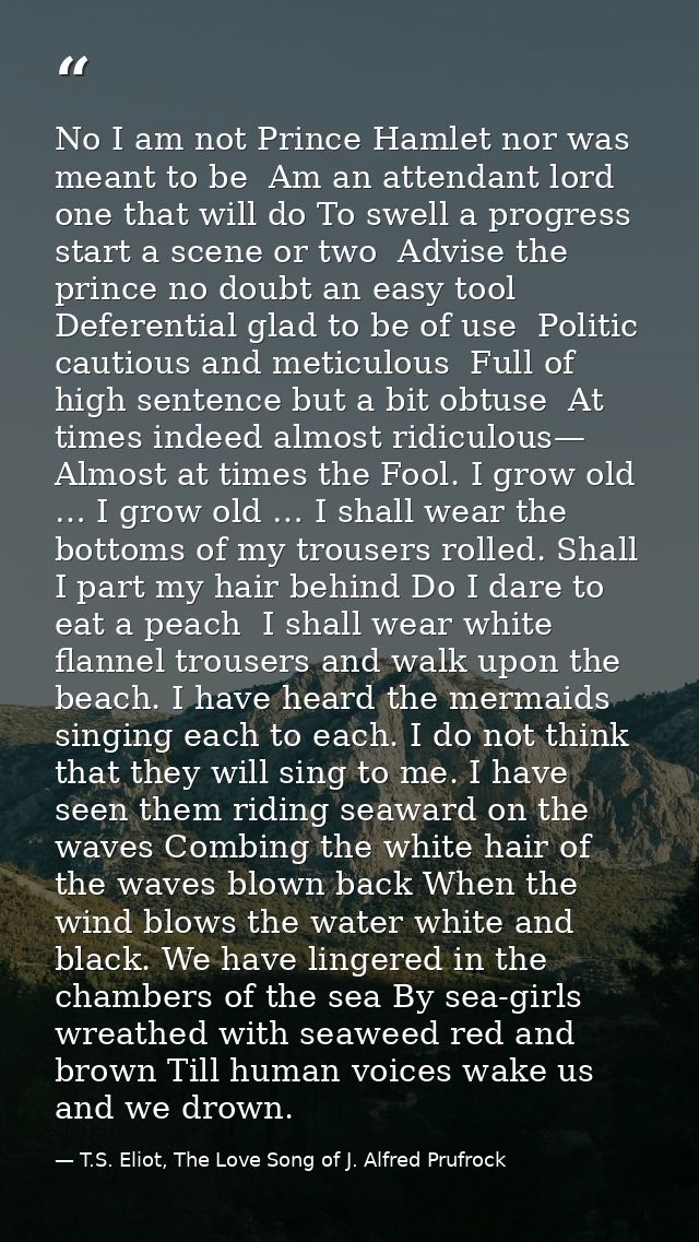 No I am not Prince Hamlet nor was meant to be  Am an attendant lord one that will do To swell a progress start a scene o — T.S. Eliot, The Love Song of J. Alfred Prufrock