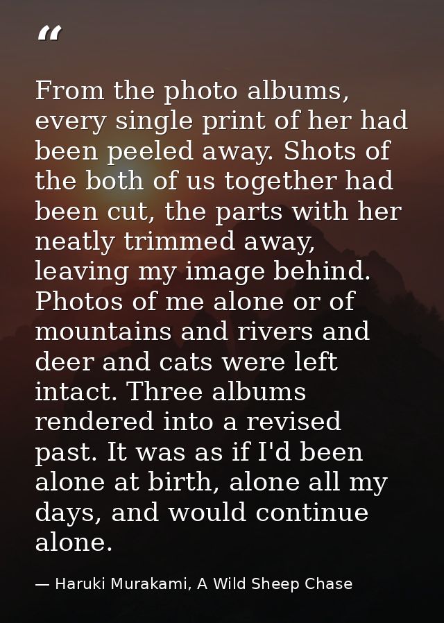 From the photo albums, every single print of her had been peeled away. Shots of the both of us together had been cut, th — Haruki Murakami, A Wild Sheep Chase