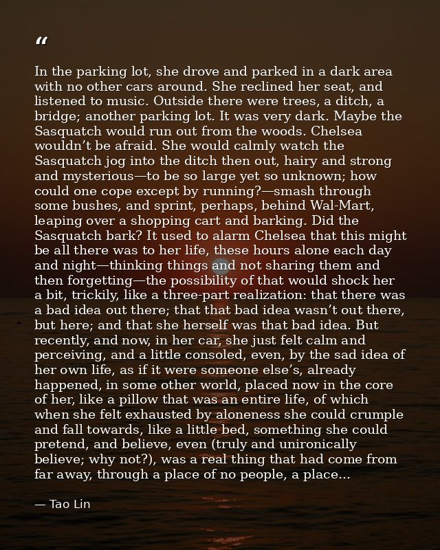 In the parking lot, she drove and parked in a dark area with no other cars around. She reclined her seat, and listened t — Tao Lin
