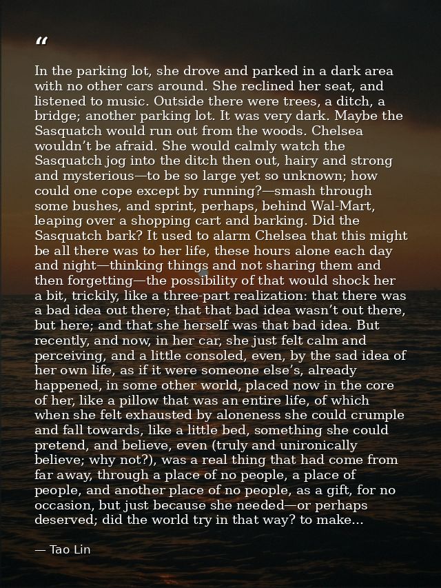 In the parking lot, she drove and parked in a dark area with no other cars around. She reclined her seat, and listened t — Tao Lin