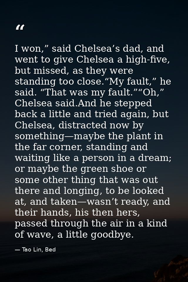 I won,” said Chelsea’s dad, and went to give Chelsea a high-five, but missed, as they were standing too close.“My fault, — Tao Lin, Bed