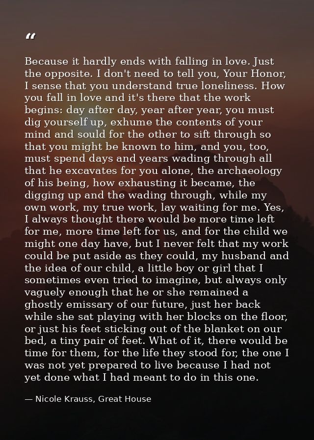 Because it hardly ends with falling in love. Just the opposite. I don't need to tell you, Your Honor, I sense that you u — Nicole Krauss, Great House