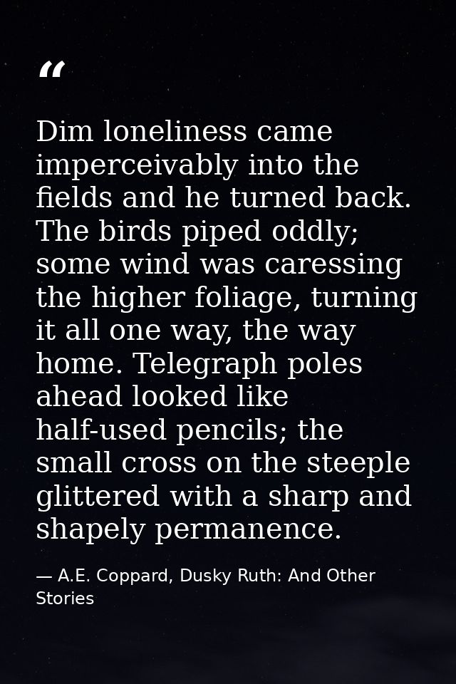 Dim loneliness came imperceivably into the fields and he turned back. The birds piped oddly; some wind was caressing the — A.E. Coppard, Dusky Ruth: And Other Stories