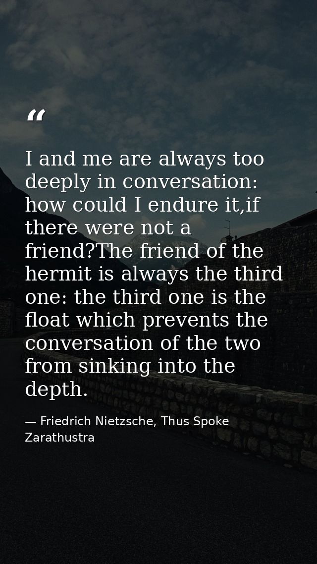 I and me are always too deeply in conversation: how could I endure it,if there were not a friend?The friend of the hermi — Friedrich Nietzsche, Thus Spoke Zarathustra