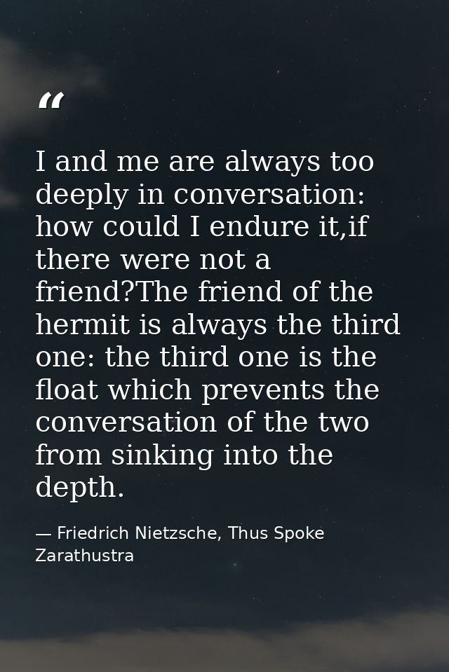I and me are always too deeply in conversation: how could I endure it,if there were not a friend?The friend of the hermi — Friedrich Nietzsche, Thus Spoke Zarathustra