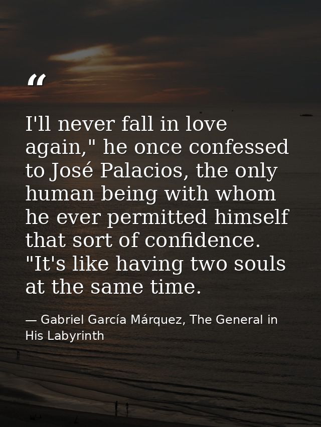 I'll never fall in love again," he once confessed to José Palacios, the only human being with whom he ever permitted him — Gabriel García Márquez, The General in His Labyrinth