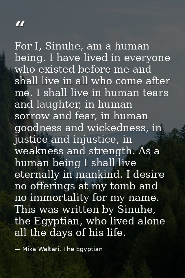 For I, Sinuhe, am a human being. I have lived in everyone who existed before me and shall live in all who come after me. — Mika Waltari, The Egyptian