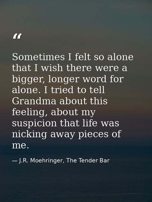 Sometimes I felt so alone that I wish there were a bigger, longer word for alone. I tried to tell Grandma about this fee — J.R. Moehringer, The Tender Bar