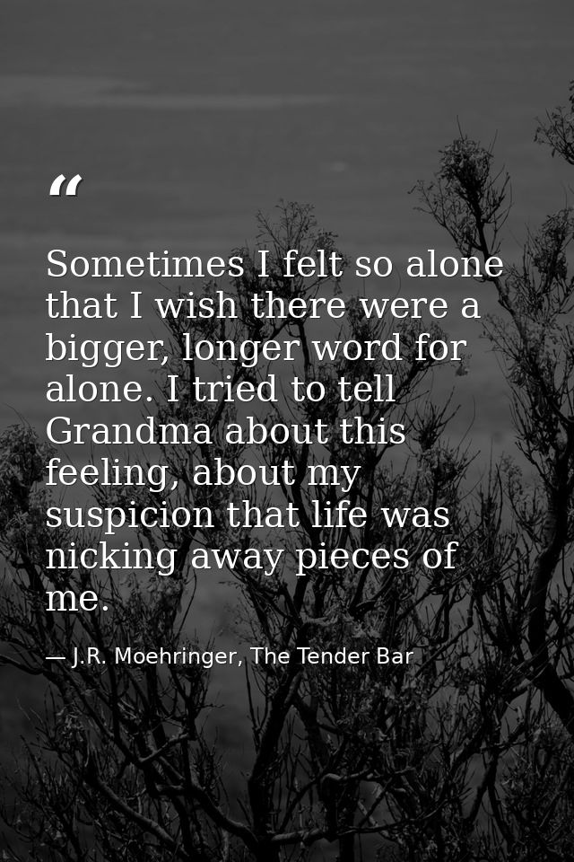 Sometimes I felt so alone that I wish there were a bigger, longer word for alone. I tried to tell Grandma about this fee — J.R. Moehringer, The Tender Bar