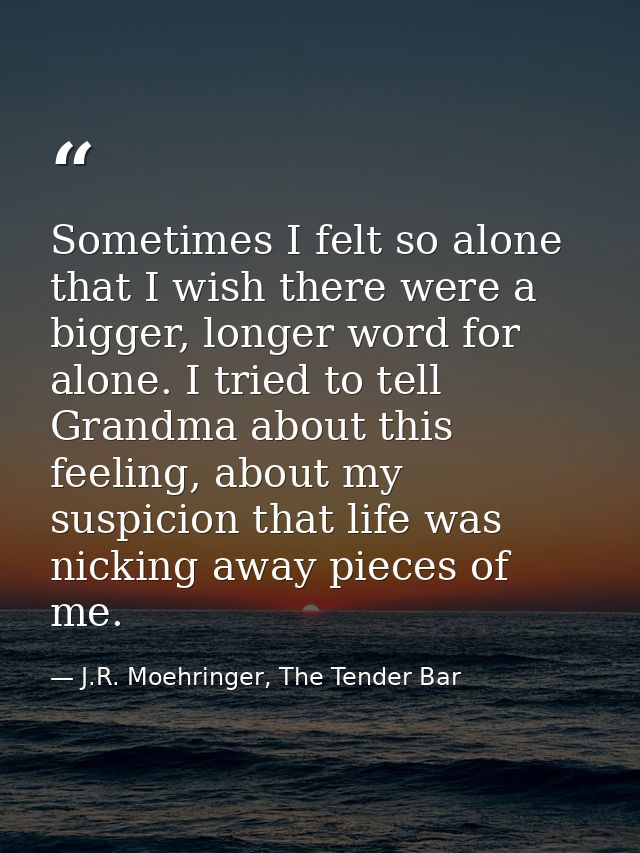 Sometimes I felt so alone that I wish there were a bigger, longer word for alone. I tried to tell Grandma about this fee — J.R. Moehringer, The Tender Bar