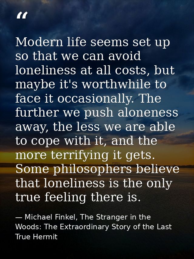 Modern life seems set up so that we can avoid loneliness at all costs, but maybe it's worthwhile to face it occasionally — Michael Finkel, The Stranger in the Woods: The Extraordinary Story of the Last True Hermit