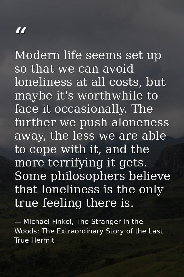 Modern life seems set up so that we can avoid loneliness at all costs, but maybe it's worthwhile to face it occasionally — Michael Finkel, The Stranger in the Woods: The Extraordinary Story of the Last True Hermit
