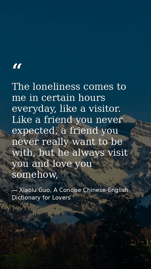 The loneliness comes to me in certain hours everyday, like a visitor. Like a friend you never expected, a friend you nev — Xiaolu Guo, A Concise Chinese-English Dictionary for Lovers
