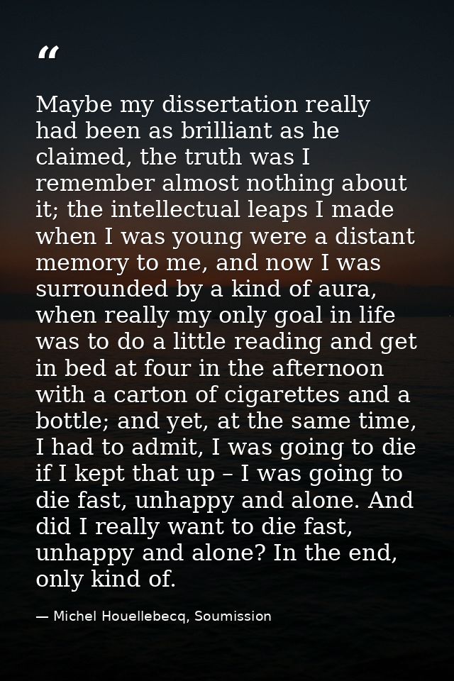 Maybe my dissertation really had been as brilliant as he claimed, the truth was I remember almost nothing about it; the  — Michel Houellebecq, Soumission