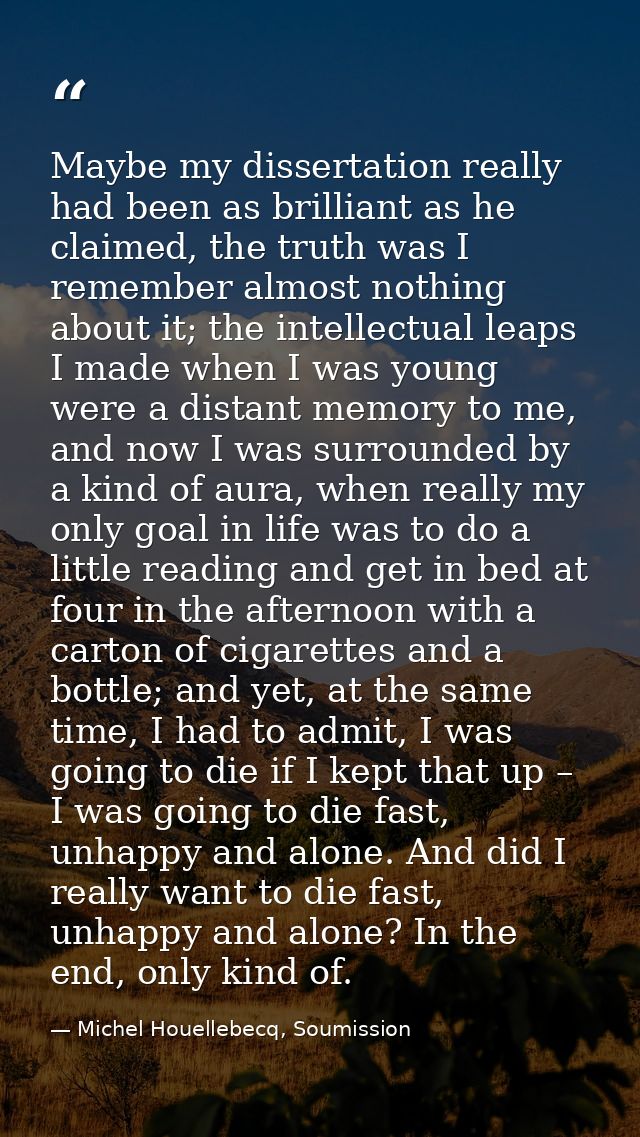 Maybe my dissertation really had been as brilliant as he claimed, the truth was I remember almost nothing about it; the  — Michel Houellebecq, Soumission