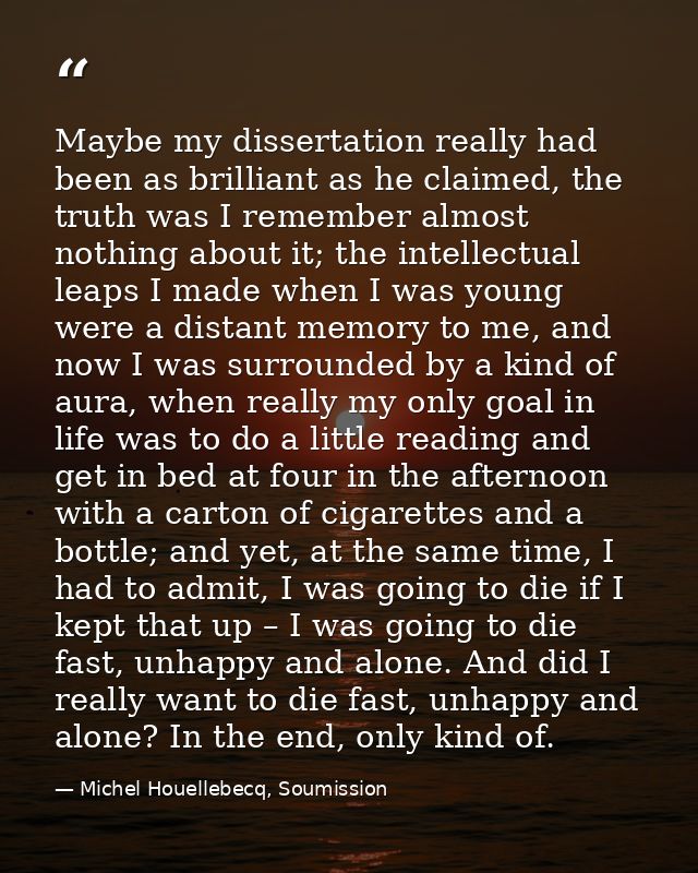 Maybe my dissertation really had been as brilliant as he claimed, the truth was I remember almost nothing about it; the  — Michel Houellebecq, Soumission