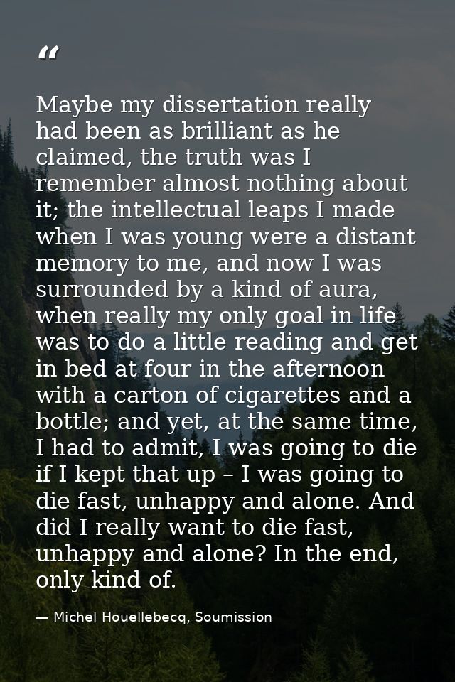 Maybe my dissertation really had been as brilliant as he claimed, the truth was I remember almost nothing about it; the  — Michel Houellebecq, Soumission