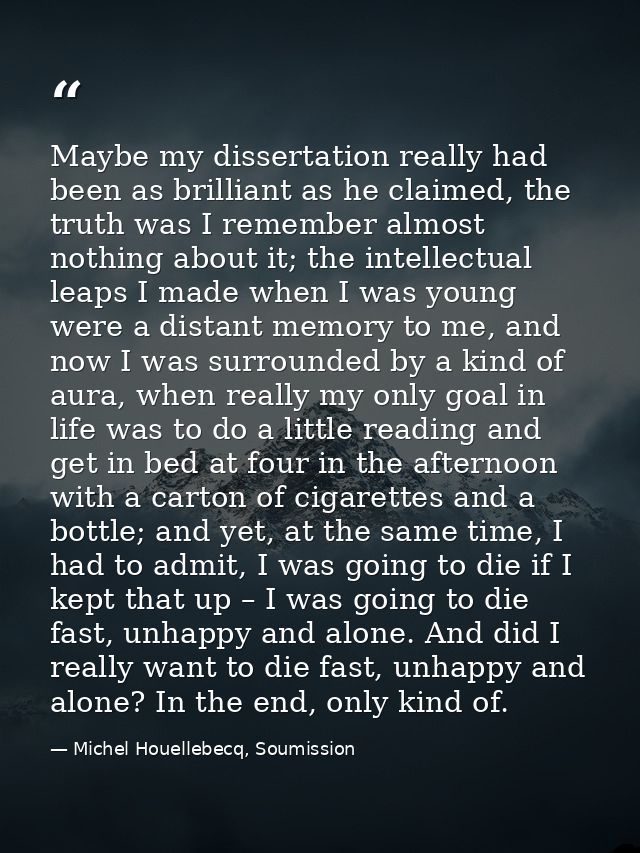 Maybe my dissertation really had been as brilliant as he claimed, the truth was I remember almost nothing about it; the  — Michel Houellebecq, Soumission