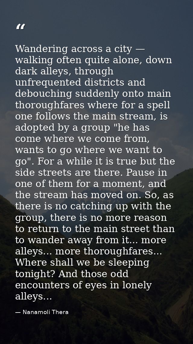 Wandering across a city — walking often quite alone, down dark alleys, through unfrequented districts and debouching sud — Nanamoli Thera