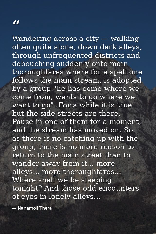 Wandering across a city — walking often quite alone, down dark alleys, through unfrequented districts and debouching sud — Nanamoli Thera