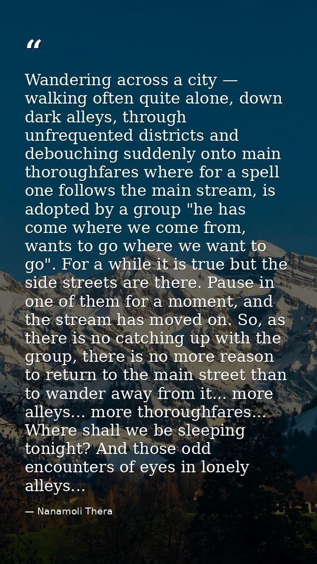 Wandering across a city — walking often quite alone, down dark alleys, through unfrequented districts and debouching sud — Nanamoli Thera