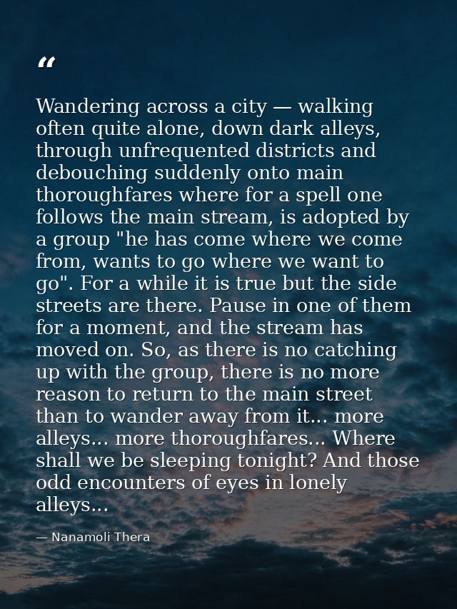 Wandering across a city — walking often quite alone, down dark alleys, through unfrequented districts and debouching sud — Nanamoli Thera