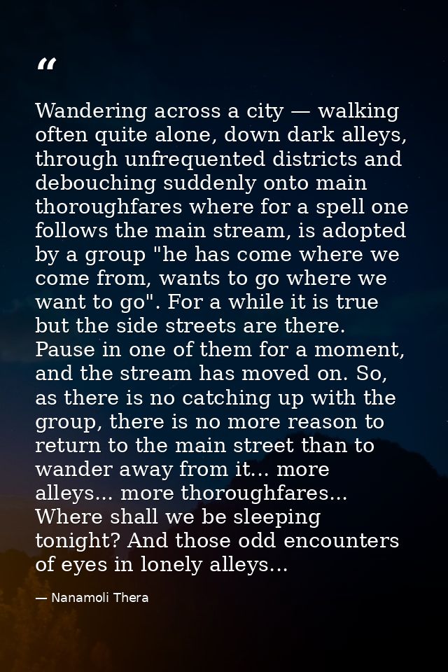 Wandering across a city — walking often quite alone, down dark alleys, through unfrequented districts and debouching sud — Nanamoli Thera