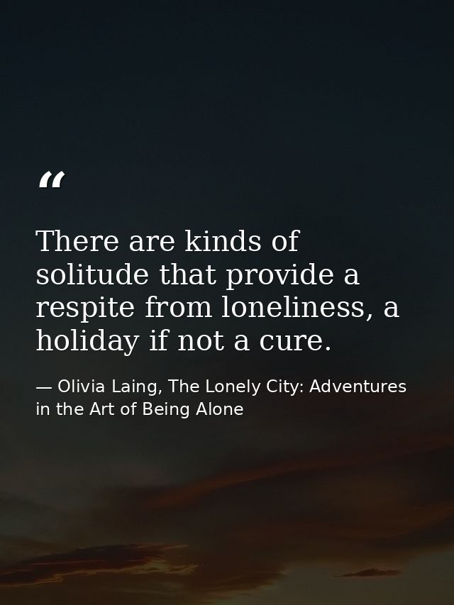 There are kinds of solitude that provide a respite from loneliness, a holiday if not a cure. — Olivia Laing, The Lonely City: Adventures in the Art of Being Alone
