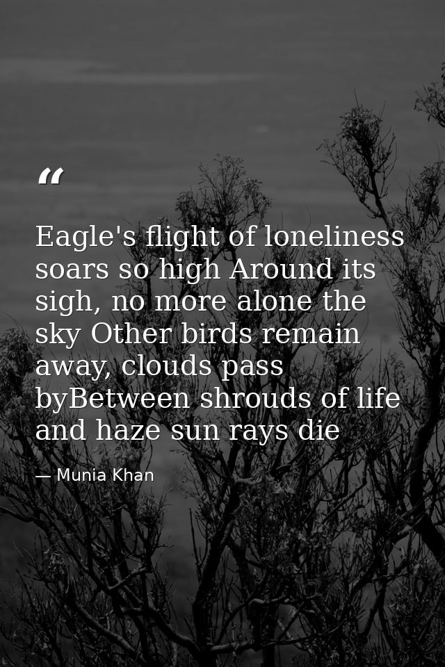 Eagle's flight of loneliness soars so high Around its sigh, no more alone the sky Other birds remain away, clouds pass b — Munia Khan
