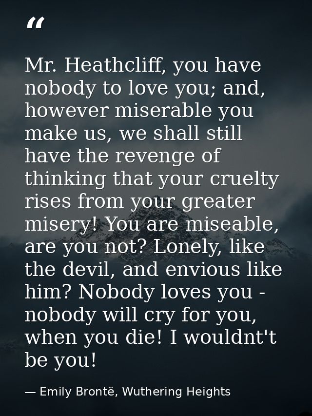 Mr. Heathcliff, you have nobody to love you; and, however miserable you make us, we shall still have the revenge of thin — Emily Brontë, Wuthering Heights