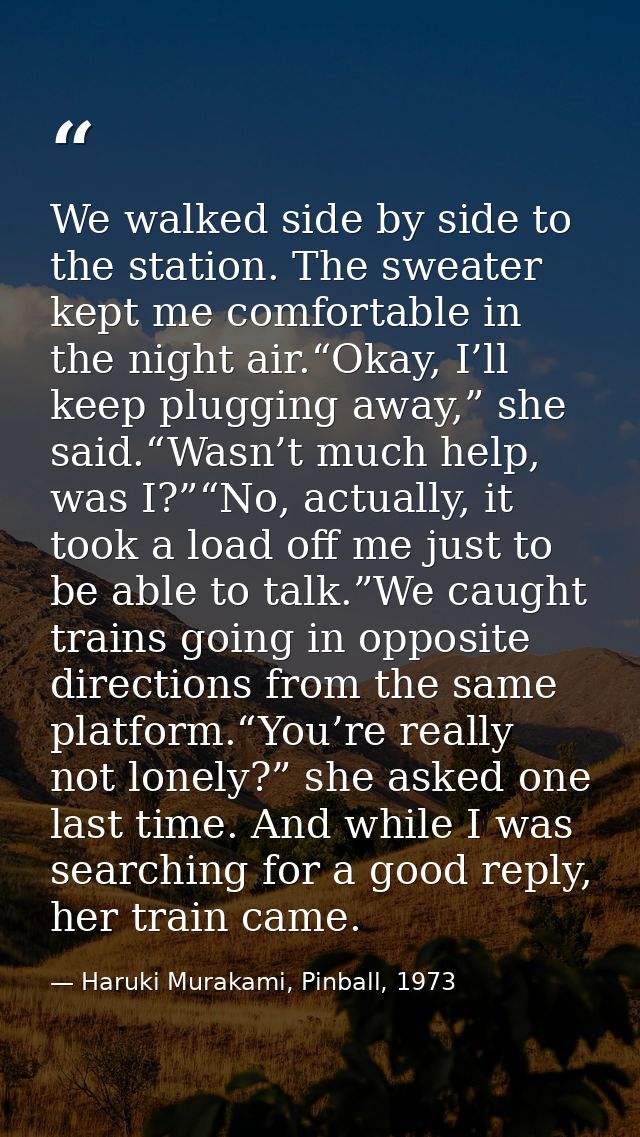 We walked side by side to the station. The sweater kept me comfortable in the night air.“Okay, I’ll keep plugging away,” — Haruki Murakami, Pinball, 1973