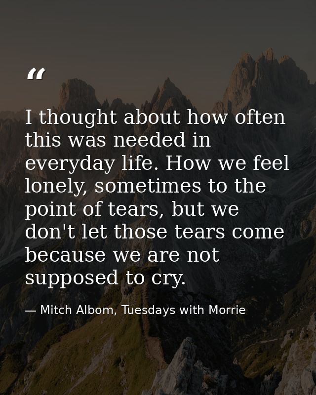 I thought about how often this was needed in everyday life. How we feel lonely, sometimes to the point of tears, but we  — Mitch Albom, Tuesdays with Morrie
